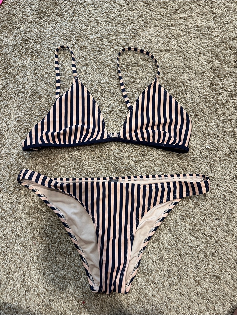 aerie Pink and Navy Blue Striped Triangle Bikini